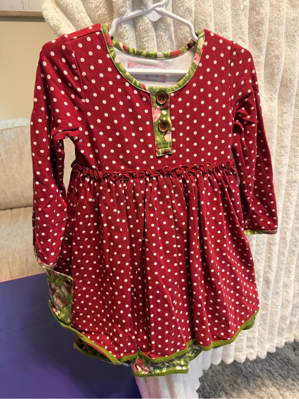 SweetHoney Red Polka Dot Long-Sleeve Dress with Green Trim